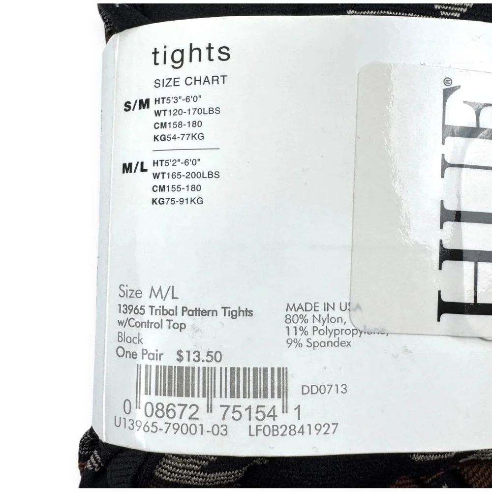 HUE Tribal Pattern Tights Black Brown Control Top Hosiery 13965 Womens M/L New